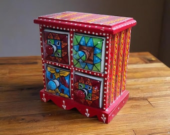 Wooden 4 Ceramic Chest of Drawers Trinket Box Keepsake Drawer Spice Box jewelry Box desktop Organizer Indian Collectible Art gift for her