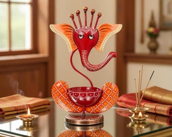 Iron Ganesha tealight holder Decorative Candle holder Hand painted Ganesha Diya stand Indian Home Decor Collectible Art Diwali Decor gift