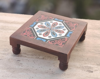 Wooden chowki Indian pooja chowki Tile-fitted Bajot chaurang chowki for God idol pooja table pooja stool Altar table 8 Inch Small Chowki