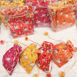 Pak met 100 Pichwai Work Potli-tas cadeauzakje Potli-clutch met trekkoord Indiaas retourcadeau, Pooja-retourcadeau Diwalicadeau Feestartikelen