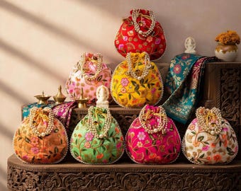 Packung mit 100 indischen Potli Geschenkbeutel Kordelzug Potli Taschen Hochzeit favor Potli Taschen Ethnische Pooja Rückgabegeschenke Partygeschenke Hochzeitsgeschenke