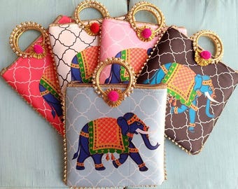 Paquete de 100 bolsas Potli con diseño de elefante y asa, bolsas de regalo indias, bolsas de regalo étnicas para bodas, regalos de Pooja, recuerdos de fiesta.