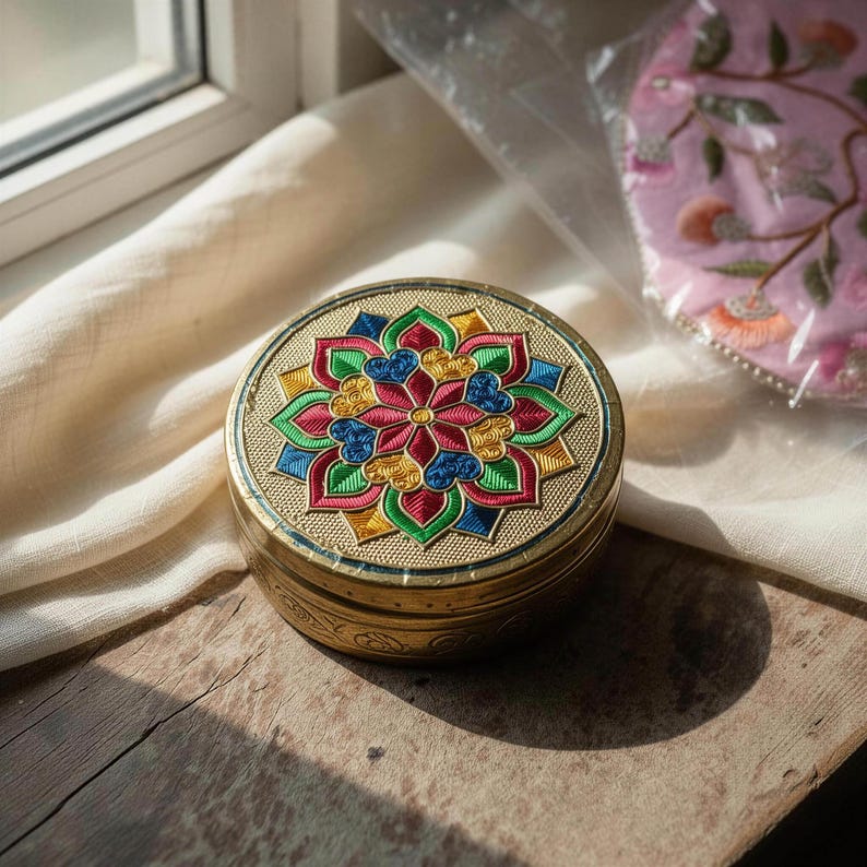 May include: A round brass container featuring a textured gold-tone surface and a central lid design with a colorful floral mandala pattern in shades of red, green, blue, and yellow. The sides of the container are engraved with a repeating scroll motif.
