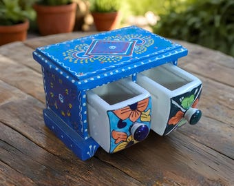 Wooden 2 Drawer Jewelry Box Trinket box Keepsake box small chest of Drawer Indian Collectible Art Ceramic Drawer Boho style gift for her