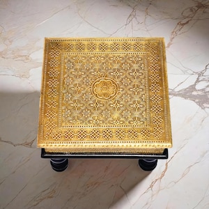 Wooden Brass Chowki, Indian Bajot Pooja Chowki Chaurang Pooja Stool Paata pooja table Brass Stool Handmade Chowki for God Idols Brass table