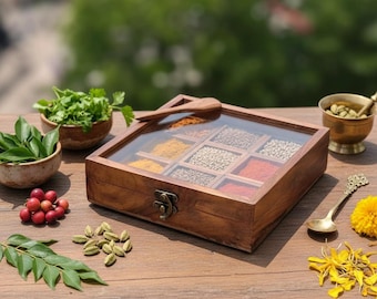 Wooden Spice Box Traditional Masala Box 9 Compartment Spice Organizer with Glass Lid Sheesham Wood  Masala Dabba Kitchen Organizer