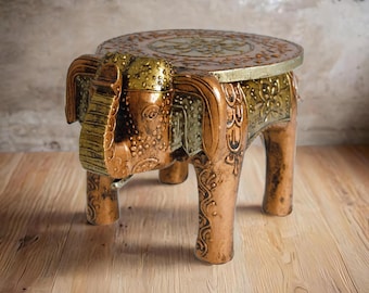 Wooden Elephant Stool Copper Elephant table step stool Indian Home decor small furniture collectible art elephant decor gift for her