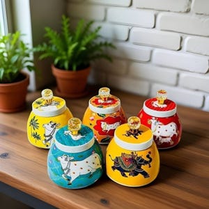 Op de afbeelding: Een verzameling van vijf decoratieve keramische potten met deksels. Elke pot heeft een uniek ontwerp, waaronder koeien en olifanten, in levendige kleuren zoals geel, rood en blauw. De potten hebben kristalachtige knoppen op de deksels en staan op een houten oppervlak.