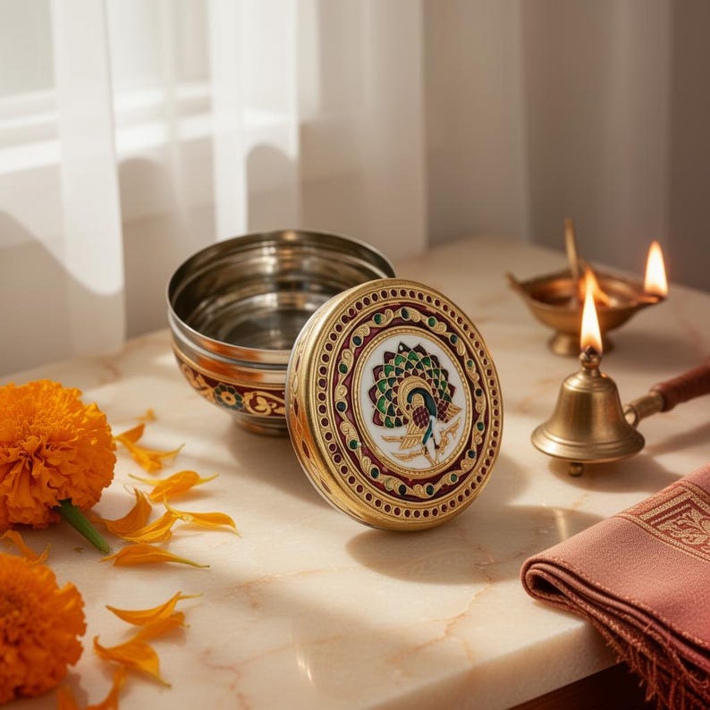 May include: A round metal container with a removable lid featuring a colorful peacock motif in enamel. The lid is decorated with gold-toned borders and intricate patterns. The container has a polished silver interior and a dark exterior finish.