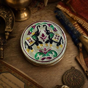 May include: A round silver-toned metal box featuring an intricate embossed design of two black elephants facing each other. The elephants are decorated with vibrant green, purple, and yellow enamel accents, surrounded by floral motifs and patterns.