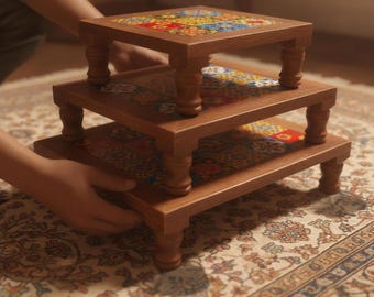 Wooden Pooja Chowki set Indian Chowki set of 3 Tile-fitted Bajot chaurang pooja table for God idols Altar table pooja stools Paata table