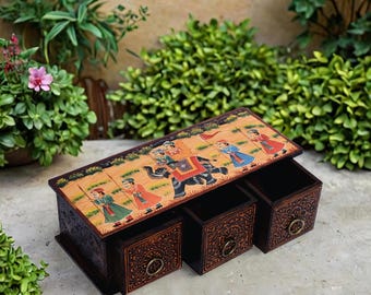 Wooden 3 Chest of Drawers Hand-painted Jewelry Box Trinket Box Jewelry Organizer Desktop organizer Storage Drawer Keepsake Box gift for her