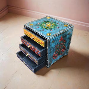 Wooden 4 Drawer chest Trinket Box Antique Indian chest of Drawer Hand painted Jewelry Box Tabletop Drawer Makeup box Gift for her Boho style