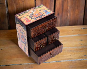 Wooden 4 Chest of Drawers Trinket Jewelry box Hand painted Storage Drawer Jewelry Organizer Tabletop Cabinet Desktop Organizer gift for her