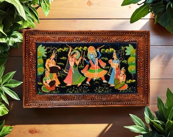 Wooden Radha Krishna painting Decorative Wall Frame Hand painted Indian God painting Wall Decor Indian Home Decor Collectible Wall Art