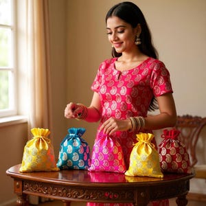 May include: A woman in a red paisley dress is holding several small drawstring bags. The bags are in various colours, including yellow, blue, pink, and red, and feature a paisley pattern. The bags are on a wooden table.