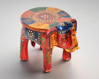 Wooden Elephant Stool Hand painted Elephant table Decorative Stool Small End Table Flower pot stand Indian Home Decor Collectible Art