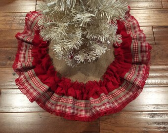 Pine Valley Quilts Burlap and Plaid Ruffled Mini Tree Skirt 21 inches Pine Valley Quilts Burlap and Plaid Ruffled Mini Tree Skirt 21 inches