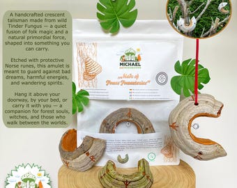 Schutzamulett aus Zunderschwamm – Hexen Sichelmond Anhänger mit Nordischen Runen – Handgeschnitzter Magischer Talisman