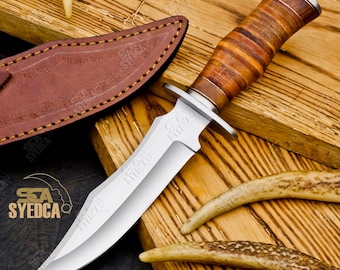 Handgemaakt D2-stalen bowiemes – volledig leren handvat met leren schede, handgesmeed jacht- en overlevingsmes