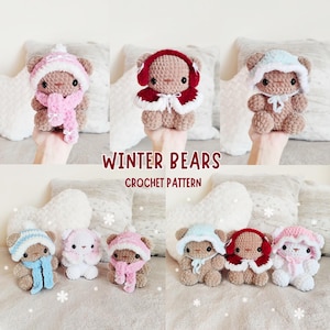May include: Crochet pattern for winter bears. The pattern includes six different bears wearing winter hats and scarves in pink, blue and white. The bears are all brown and have black eyes and noses.