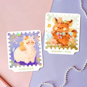 Ensemble d'autocollants de style tampon Kawaii renard et lama | Animaux mignons | Paquet d'autocollants 3 x 3 po. Style Affranchissement | Stickers célestes et floraux