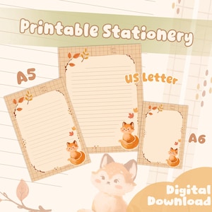 Könnte beinhalten: Druckbares Briefpapier-Set mit Fuchsmotiv. Das Set enthält liniertes Papier in den Größen A5, US Letter und A6. Jedes Blatt hat einen dekorativen Rand mit Herbstblättern und einer Fuchsgrafik. Die Wörter "Printable Stationery" und "Digital Download" werden angezeigt.
