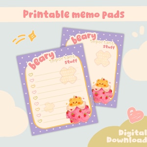 Puede incluir: Dos blocs de notas imprimibles con fondo morado y lunares blancos. Cada bloc presenta una linda ilustración de oso con un vestido de fresa, el texto "Beary Important Stuff" y una lista de corazones. También se ven las palabras "Printable memo pads" y "Digital Download".