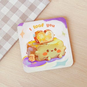 I Loaf You Kawaii Coaster - Cute Teddy Bear & Heart-Shaped Bun Drinkware Accessory - Aesthetic Home and Office Decor