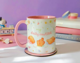 Cozy Teddy Bear Mug | My Daily Routine | Ceramic Coffee and Tea Cup | Cute Pastel Pink Aesthetic Gift | Kawaii Drinkware