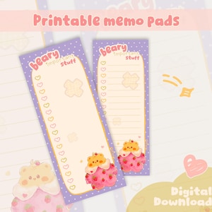 May include: Two printable memo pads with a cute bear illustration. The pads have a purple border with white polka dots and a yellow outline. The text "beary important stuff" is at the top. The bottom of the pad has a bear wearing a strawberry dress.