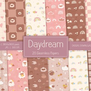 Könnte beinhalten: Eine Sammlung von 20 nahtlosen digitalen Papieren zum Thema "Daydream". Die Papiere zeigen verschiedene Muster, darunter Herzen, Regenbogen, Wolken und Karomuster, in Rosa-, Braun- und Cremetönen. Das Bild enthält die Abmessungen 30,48 x 30,48 cm.