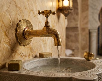Solid Brass Moroccan Faucet, Handmade Engraved Wall Mounted Tap, Rustic Garden Spigot
