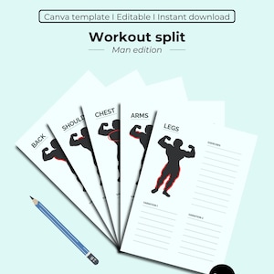 May include: A printable workout split template for men, with sections for back, shoulders, chest, arms, and legs. Each section includes a silhouette of a bodybuilder with the corresponding muscle group highlighted in red. The template also includes space for listing exercises and variations.
