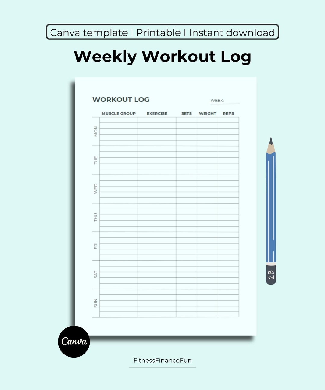 Weekly Workout Log, Training Logbook, Fitness Planner, Printable ...