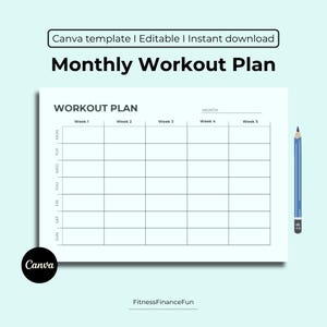 Pode incluir: Um modelo de plano de treino mensal imprimível com um layout de grade em preto e branco. O modelo inclui colunas para cada dia da semana e linhas para cada semana do mês. O texto "WORKOUT PLAN" está no topo do modelo, e o texto "MONTH" está no canto superior direito do modelo.