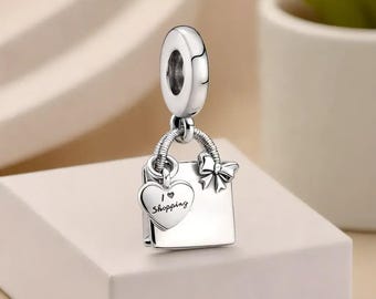 Charm de bolsa de compras de plata de ley, grabado con "Me encanta ir de compras", compatible con pulseras Pandora.