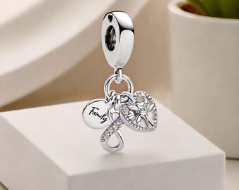 Charm colgante de corazón con árbol genealógico de plata de ley: Pulsera Infinity