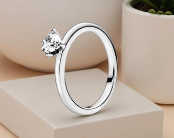 Anillo solitario de corazón de plata de ley, anillo de corona con circonita cúbica transparente