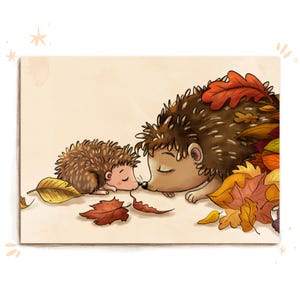 Postal "Hedgehog Mom & Child" - tarjeta de felicitación con animales, ilustración, felicitación de cumpleaños, dibujada a mano, papelería con animales, niños, tarjeta de coleccionismo