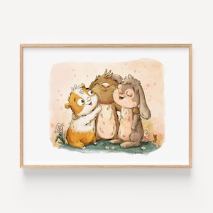 Metti Meerschwein - Poster A3, Hasen, Kinderzimmer, Freundschaft, Tierposter, Tierillustration, Wandbild, Geschenk, kuschelnde Tiere,