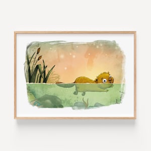 Biber - Poster A3, Kinderzimmer, Tierposter, Biber schwimmt, Tierillustration, Wandposter, Wandbild, Geschenk, Wasserbild, Biberposter