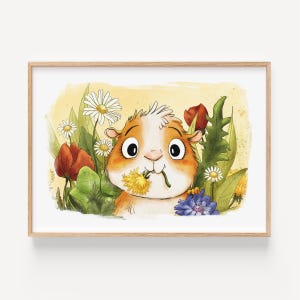 Metti Meerschwein - Poster A4/A3, Blumenwiese, Kinderzimmer, Kinder, Meerschweinchen, Tierposter, Tier Illustration,Wandkunst,Geschenk,Bild