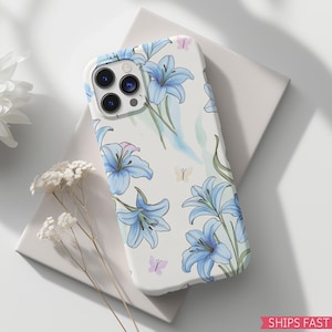 Floral Phone Case, Flower pattern, Blue Tiger Lilies with butterflies, Cover Iphone 16,15,14,13 Pro max, Samsung Galaxy S24,23,22