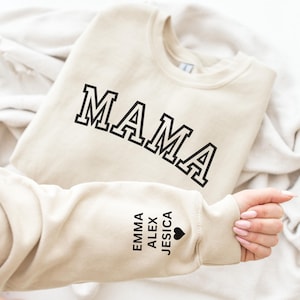 Personalized Mama Sweatshirt with Kid Names on Sleeve, Mothers Day Gift, Birthday Gift for Mom, New Mom Gift, Minimalist Cool Mom Sweater.
