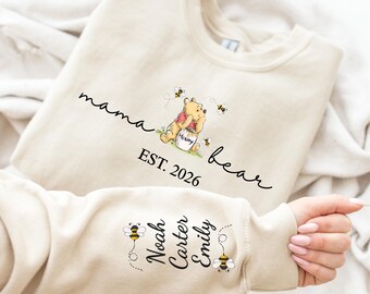 Custom Mama Bear Sweatshirt, Mama Est with Kid Name on Sleeve Sweatshirt, Personalized Mom Sweatshirt, Mothers Day Sweatshirt, New Mom Tee