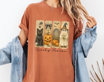 Comfort Colors® Vintage Halloween Shirt, Spooky Season T-Shirt, Ghost Pumpkin Cat Shirt, Halloween Gift, Stay Spooky Shirt.