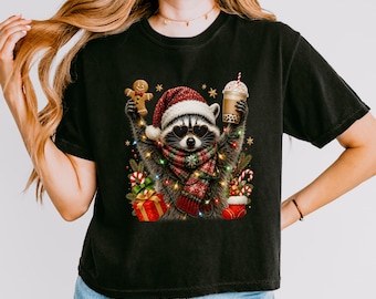 Christmas Raccoon Shirt, Feral Raccoon Drinking Coffee & Eating Cookies, Holiday Party Shirt, Gag Gift, Stocking Stuffer, Boxy Tee