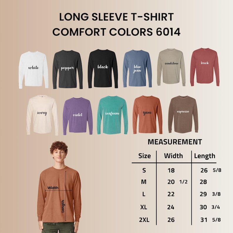 May include: A display of long-sleeve t-shirts in various colors, including white, black, and blue jean. The image includes a size chart with measurements in inches for width and length. The text reads "LONG SLEEVE T-SHIRT COMFORT COLORS 6014."