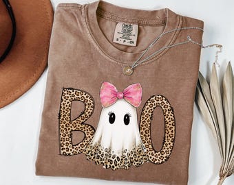 Comfort Colors® Boo Ghost Halloween Shirt, Leopard Bow Ghost Tee, Spooky Season Shirt, Cute Halloween Gift, Women's Cute Fall Shirt.